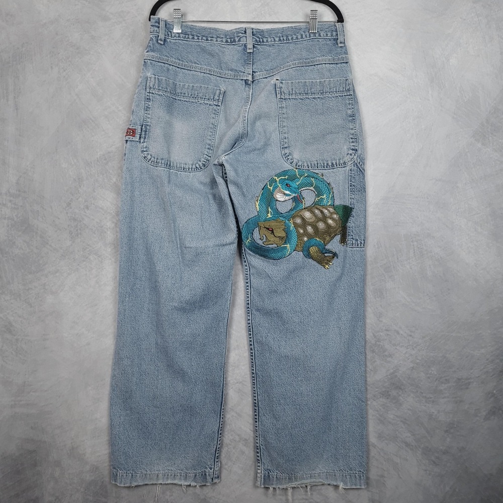 Vintage 90s Baggy Jeans Mens 33" Waist Wide Leg Snake Turtle Patch Distressed